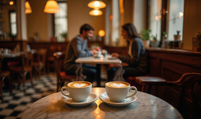 Cozy cafe interior on Valentine's Day, two steaming coffee cups with heart-shaped latte art on a marble table and a blurred couple on a date in the background. Romantic, warm holiday ambiance