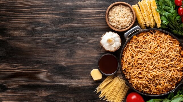 Homemade lasagna presented in a rectangular dish on a wooden table, garnished with fresh tomatoes, garlic, and basil leaves for a rustic feel