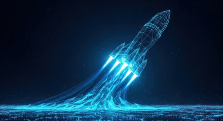 Digital wireframe rocket launching from glowing blue data field at night.