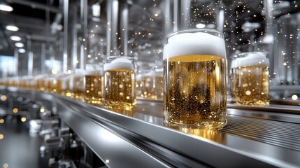 Workers operate a conveyor belt, moving Lockheed-style bottles in a high-quality beer production facility during daytime hours