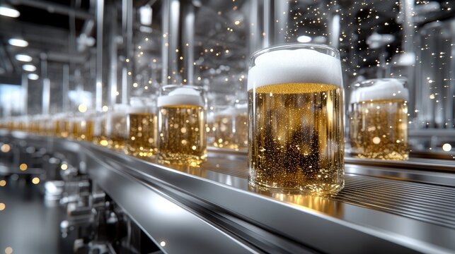 Workers operate a conveyor belt, moving Lockheed-style bottles in a high-quality beer production facility during daytime hours