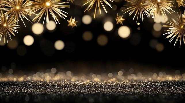 Enjoy the magical display of golden fireworks lighting up the night sky during a vibrant New Year's celebration with festive bokeh effects