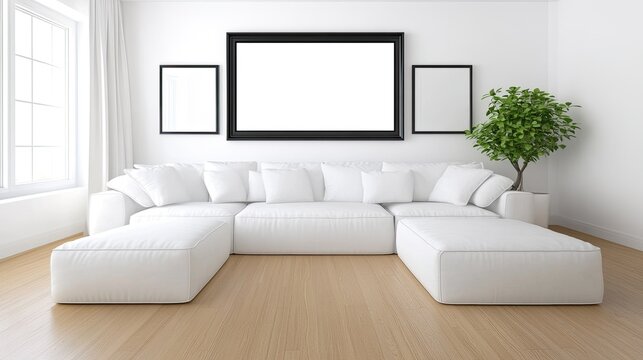 Stylish living room emphasizes a white sofa and black TV against wooden walls, showcasing a minimalist interior design with greenery