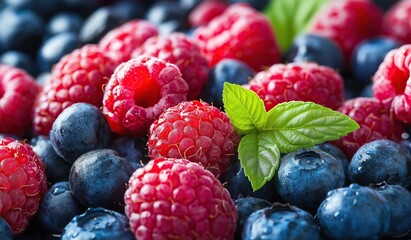 Close up background of fresh berries including blueberries and raspberries with mint leaves for healthy eating and fitness concepts in summer season.