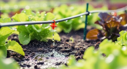 A closeup captures the essence of drip irrigation in a lush garden, showcasing the precision of water delivery to thriving plants, highlighting sustainable and efficient farming practices