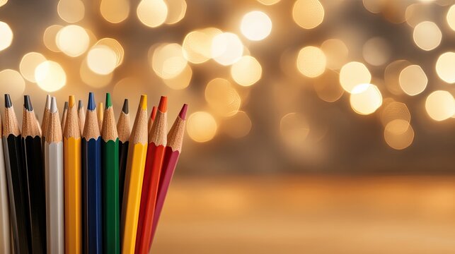 Vibrant pencils are organized in rows against a bright orange backdrop, ideal for artistic drawing or coloring pursuits - Powered by Adobe