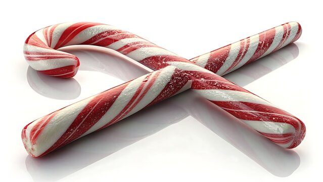 Two classic red and white striped candy canes crossed on a clean white background with subtle shadows
