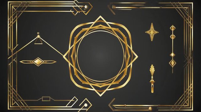 Elegant Art Deco Golden Frames and Ornaments Set on Dark Background.