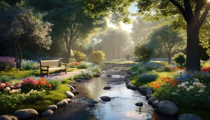 Peaceful garden park stream wooden bench high resolution photo