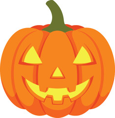 Spooky halloween jack o lantern pumpkin with glowing carved face for autumn holiday celebrations and decorations isolated on white background