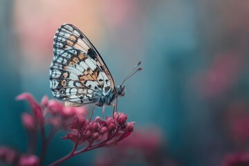 Obraz premium Beautiful Butterfly Perched on a Pink Flower in Soft Natural Light During the Morning Hours