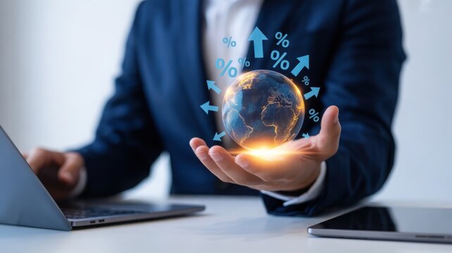 A person holding a glowing globe with economic symbols, symbolizing global business and finance