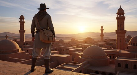 A man in a hat stands on a rooftop, overlooking a desert city at sunset.