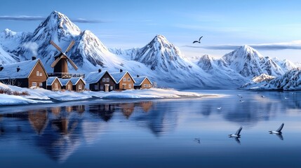 Charming village nestled by a serene lake with wooden homes, a windmill, and majestic snow-capped mountains, filled with seagulls gliding above