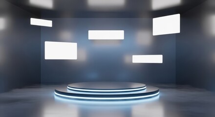 Futuristic stage with glowing platform and floating screens in a modern looking room design
