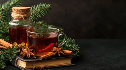 A glass cup filled with herbal tea rests on an old book among spices, with a lit candle and dark liquid adding warmth to the ambiance