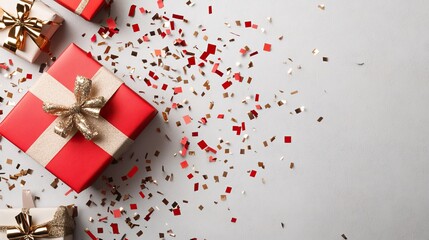 Brightly wrapped presents and shimmering ribbons emerge from an open red box amidst a backdrop of falling confetti, capturing the spirit of joy