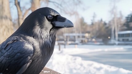 Obraz premium A raven stands in profile against a blurred background of falling snowflakes and warm bokeh lights, creating an enchanting winter atmosphere
