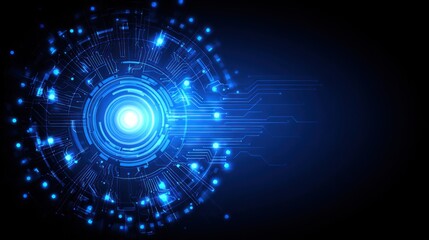 Abstract blue digital circuit board glowing in dark background space