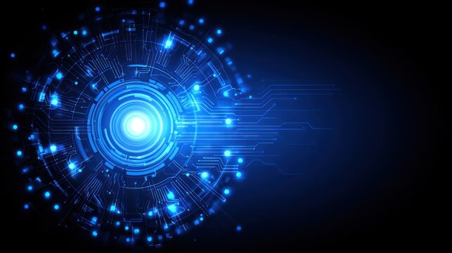 Abstract blue digital circuit board glowing in dark background space - Powered by Adobe