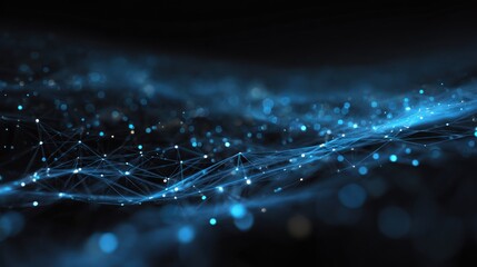 Abstract network structure with glowing blue nodes and lines on black.
