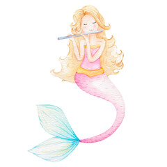 Watercolor mermaid girl with flute illustration in pastel tones