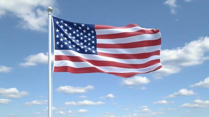 Fototapeta premium The flag of the United States flutters in the wind, showcasing its colors and symbols under a bright, clear sky, embodying national pride