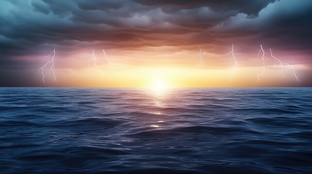 A powerful lightning storm captivates the skyline, illuminating a serene waterfront as darkness falls over the city