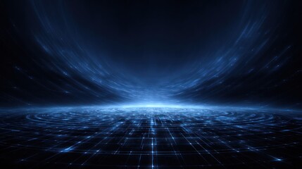 Abstract dark background with glowing blue digital light trails converging.