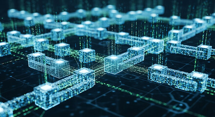 Digital network connection, futuristic data flow, blockchain technology, and ai processing system