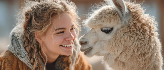 Smiling young woman interacting with llama on outdoor farm background