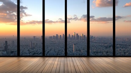 Naklejka premium Enjoy breathtaking views of Tel Aviv and the sea from a sleek modern balcony lined with a glass railing, set amidst urban scenery