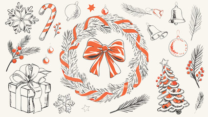 Illustration of christmas wreath with bow, gift box, christmas tree and other holiday themed elements