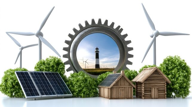 The illustration showcases a coastal energy system with wind turbines, solar panels, and a lighthouse emphasizing resource sharing