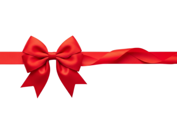 A vibrant red ribbon with a large bow.The ribbon is elegantly draped, emphasizing its smooth texture and rich color.