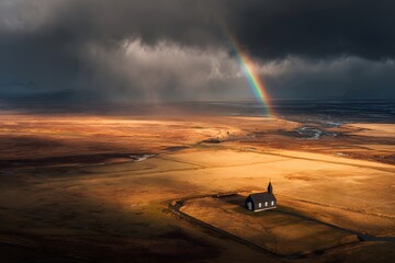 Obraz premium Dramatic aerial Icelandic landscape with rainbow over golden plains