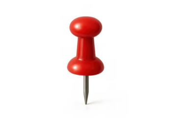 Red plastic pushpin featuring a pointed metal spike, a common office supply for pinning documents, memos, and important reminders