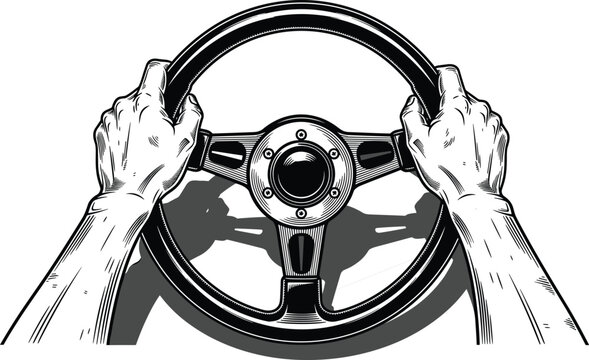 Detailed illustration of hands gripping car steering wheel from driver perspective, vintage style drawing for automotive safety, driving, transportation concepts