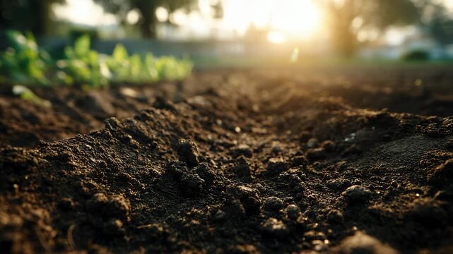 Close-up of rich, dark soil in a garden bed with sunlight in the background