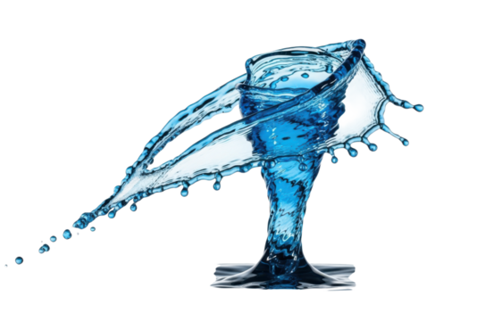 Dynamic blue water splash frozen in time, creating a captivating abstract shape, isolated on transparent background, showcasing the beauty and power of liquid motion in a studio setting