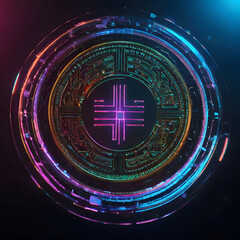 A futuristic digital currency token design, glowing with vibrant colors and intricate details, symbolizes the future of finance and the cutting-edge of technological innovation.