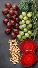 Obraz premium Vibrant beets, plump grapes, and flax seeds are elegantly laid out on a dark surface, showcasing the rich colors and textures of each ingredient