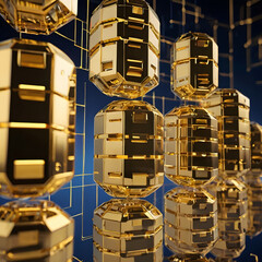 Golden, high-tech abstract cubes, interlinked in a complex network, showcase a fusion of art and technology with a modern aesthetic.