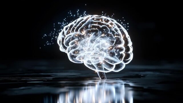 A glowing human brain floating in a dark minimal environment, with bright luminous particles breaking away and drifting outward, concept of intelligence, technology, and mind expansion