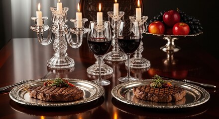 Fototapeta premium Two grilled steaks on silver plates, red wine glasses and lit candles on a dark wooden table at night