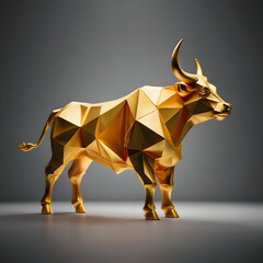 A gleaming golden bull statue, a symbol of strength and prosperity, stands proudly, its geometric design creating a captivating display of light and shadow.