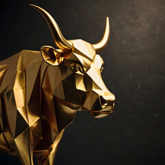 A majestic golden bull statue, a symbol of strength and prosperity, stands in stark contrast against a dark background, radiating opulence and financial prowess.