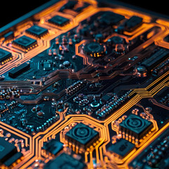 An intricately lit circuit board glows, symbolizing the complexities of technological advancement and the beauty within electronic components.