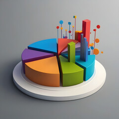 An eye-level view of a vibrant 3D pie chart, a graphical representation of data with colorful segments, symbolizing diverse facets of information, and standing out on the soft gradient background.