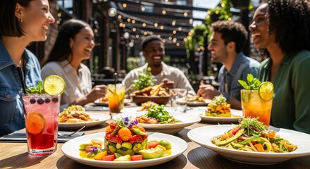 Group of friends enjoying a meal together at an outdoor restaurant, smiling and laughing.